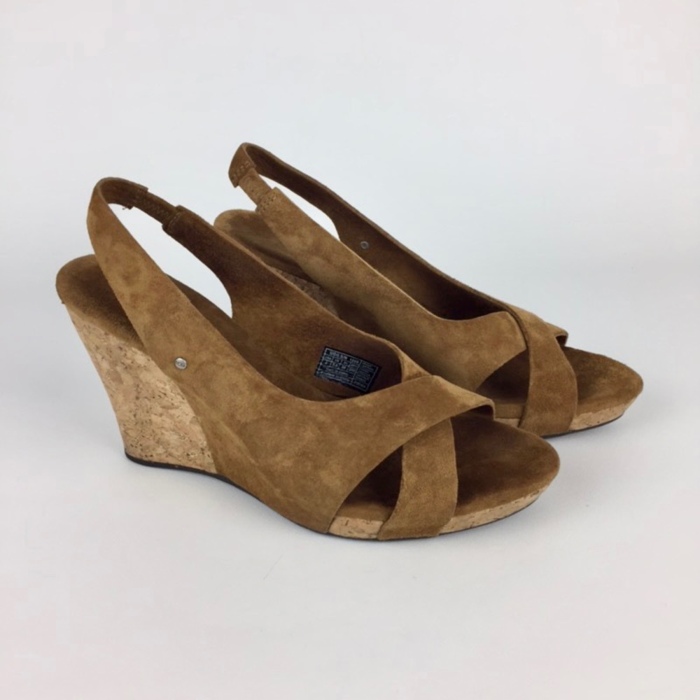 UGG Brown Suede Cork Wedge Sandals